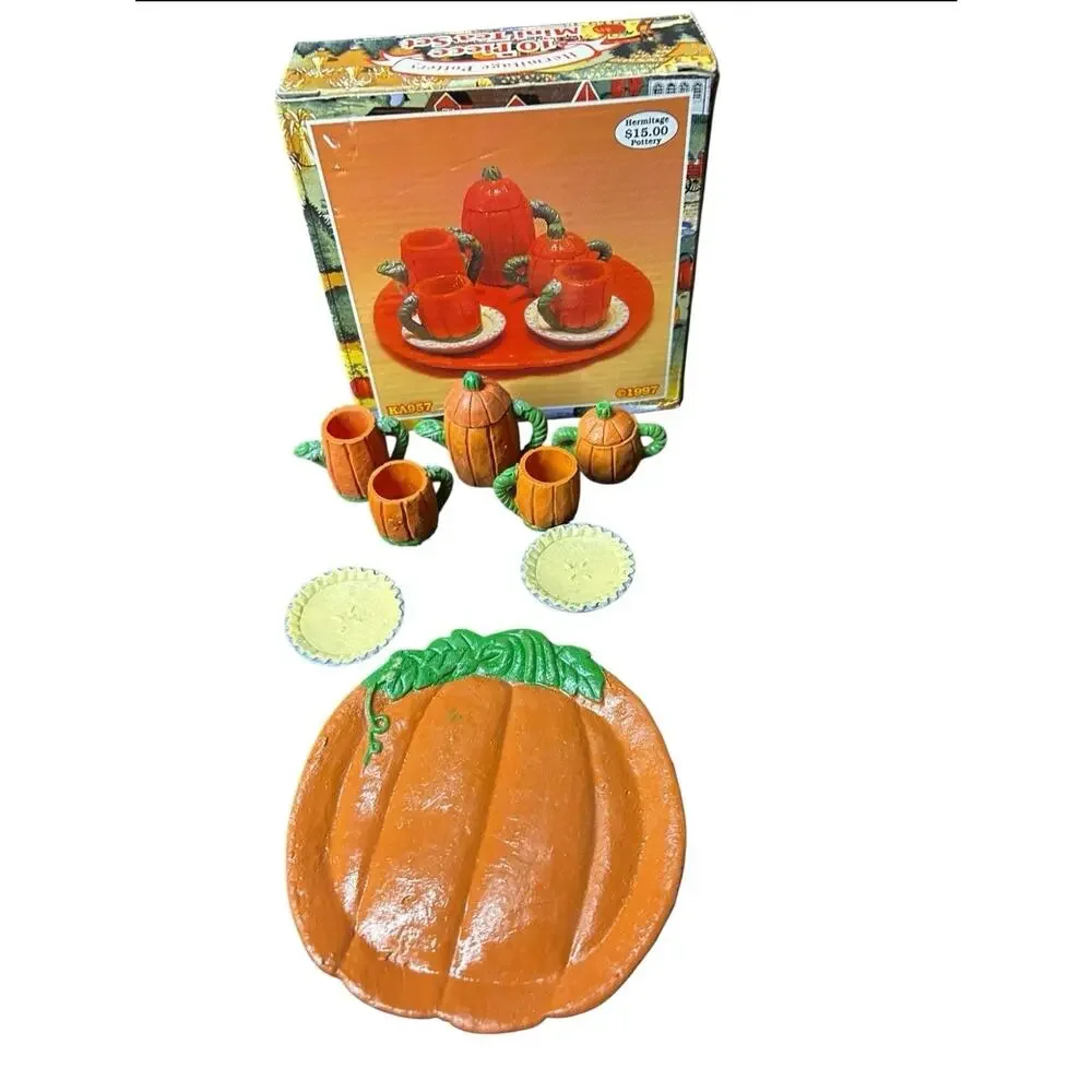 Vintage 90s Hermitage Pottery 10 Piece Mini Tea Set Pumpkin Halloween